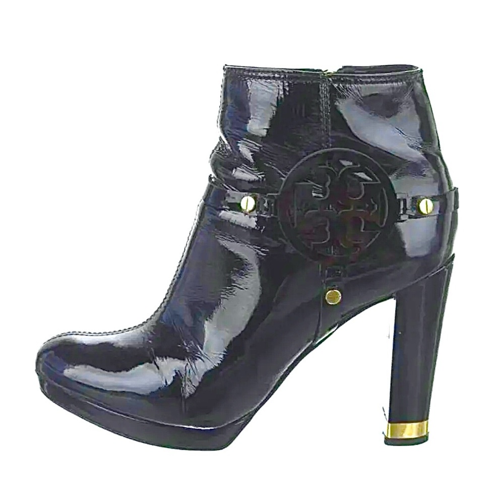 Tory Burch Patent Leather Whitney Bootie in Black Gold Accents Logo Size 10